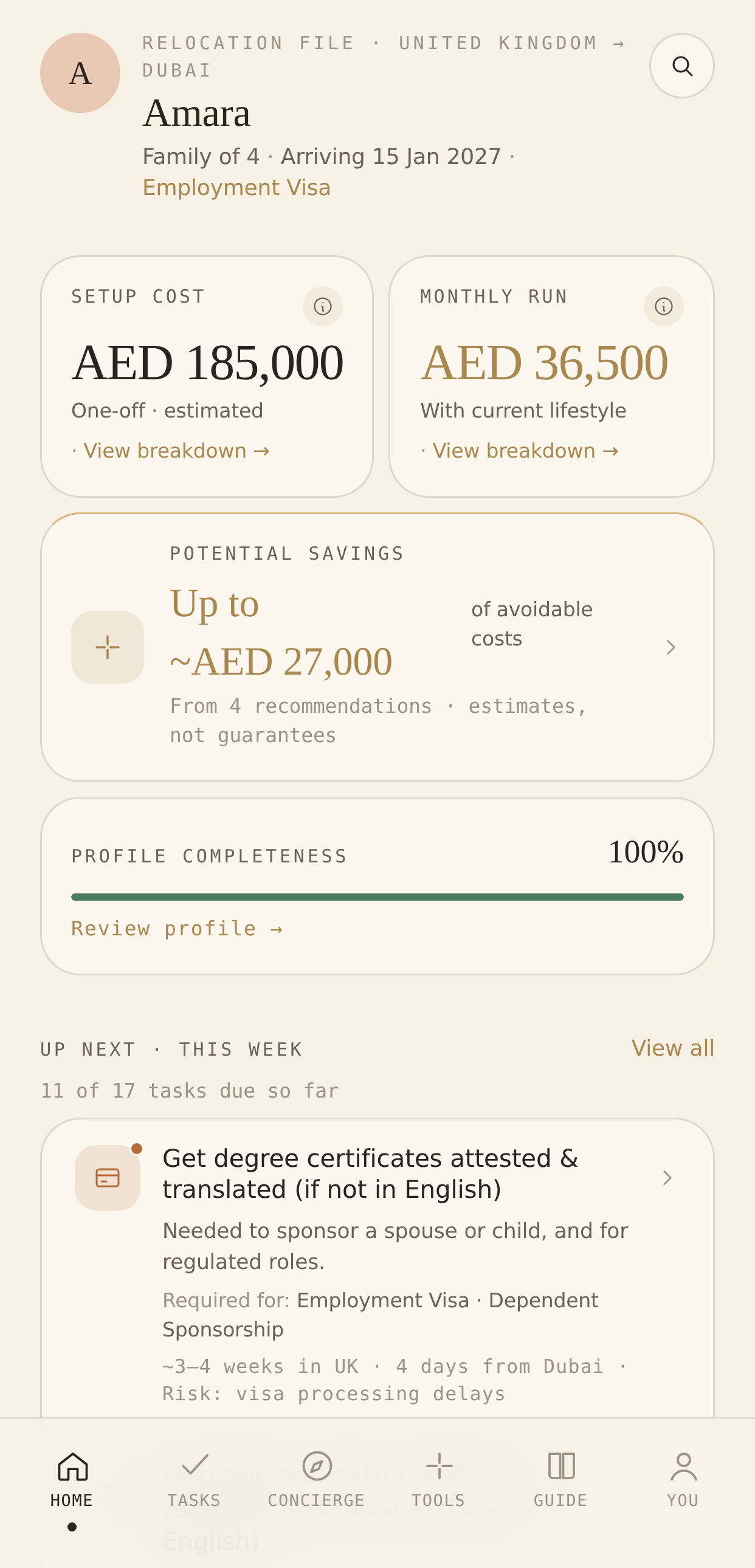 The Dubai Move OS dashboard for a UK family of four: estimated setup cost and monthly run in AED, potential savings, profile completeness, and this week's tasks.